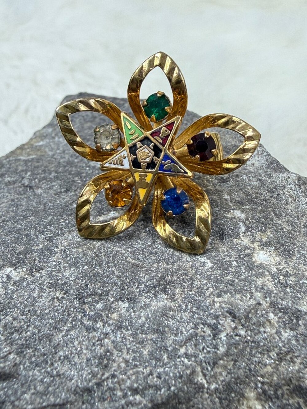 Vintage Order of the Eastern Star Rhinestone Flower Single Clip-on Earring
